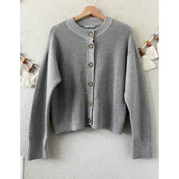 Hannah Rose Cotton Cashmere Gray Ribbed Knit Raglan Cardigan Basics Cottage L - Picture 1 of 8